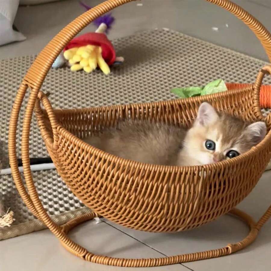 1pc Handmade Woven Cat Hammock, Easy Assembly, Durable And Comfortable Pet Sleeping Swing Basket With Stand Rack, Suitable For Indoor Small To Medium Pets Under 7kg Cats And Puppies, Cozy Home Decor, Brown