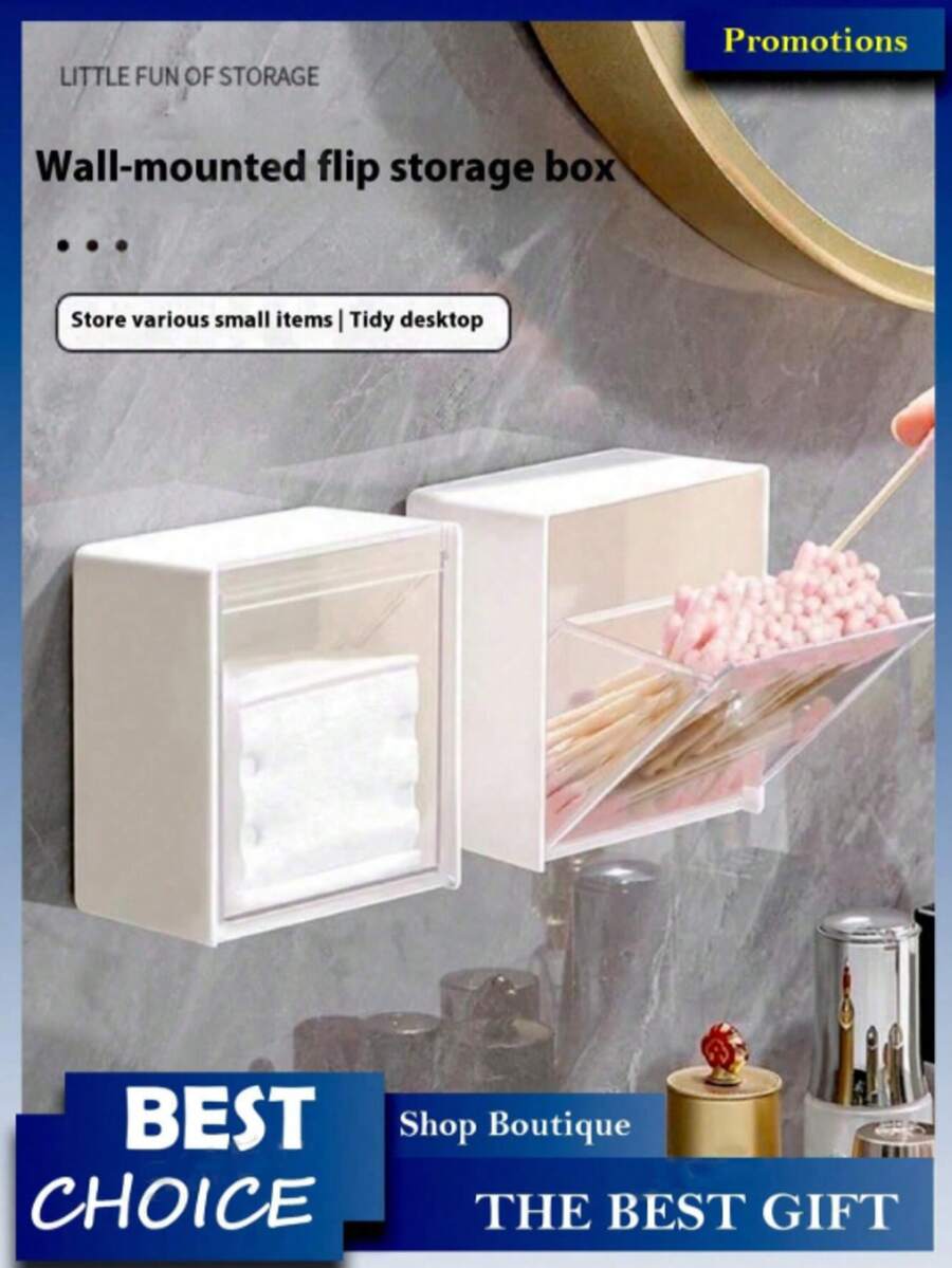 4/3/2/1 Compartment Wall-Mounted Cotton Swab Storage Box, Bathroom Wall-Mounted Flip Cover No-Drill Storage Box, Cosmetic Storage Box, Jewelry Storage Box, Plastic Storage Rack For Organizing And Storing Cotton Swabs, Bathroom Supplies, Bedroom Supplies - Multicolor - View 1