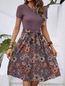 Vestido Midi Floral de Manga Corta y Cuello Redondo para Mujer, con Cintura Ajustable, Estilo Casual para Vacaciones de Verano - Morado - Ver 3