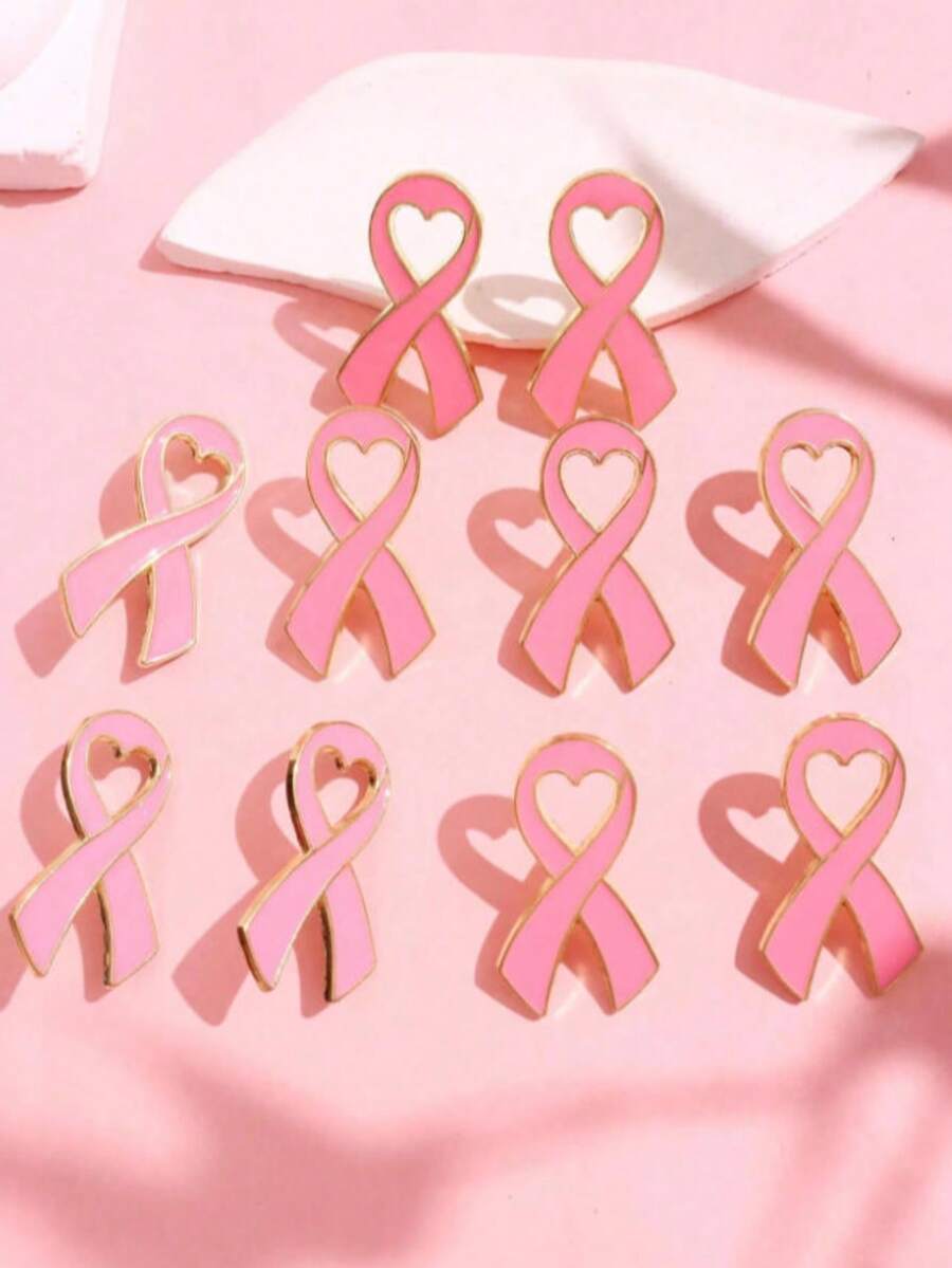 10pcs/Set Unique Elegant Fashion Breast Cancer Awareness Pink Ribbon Brooch, Calls Attention To Women's Health, Suitable For Parties - Pink - View 1