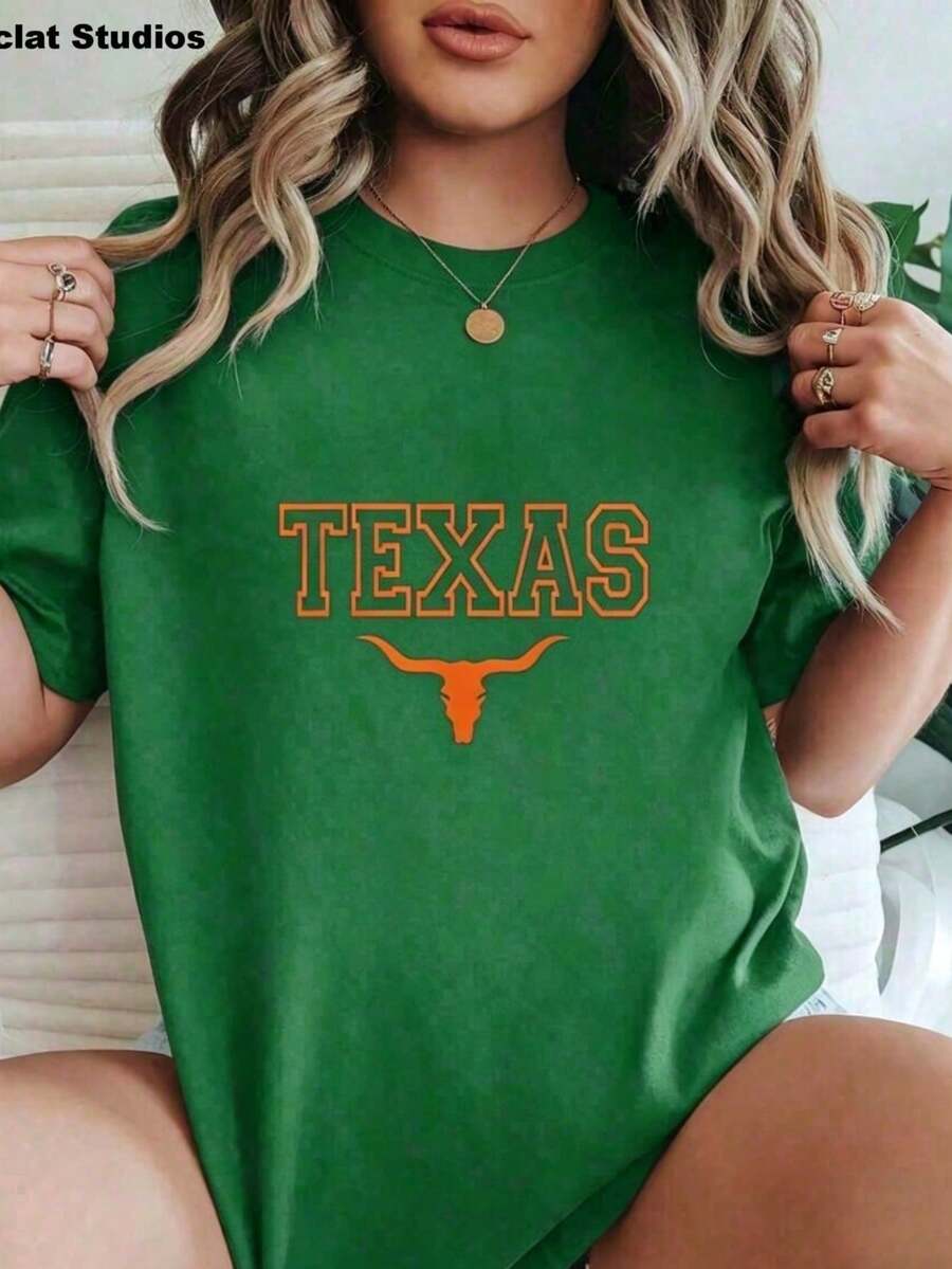 Soft Cotton Summer T-Shirt, Plus Size, Elegant Blouses For Women, Women's Oversized Black T-Shirt With Texas Longhorns Graphic Print, Graphic T-Shirts For Women By U - 綠色 - 查看 1