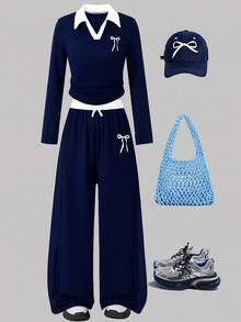 Girls' Autumn/Winter Fashion 2 Pieces Set, White V-Neck + Navy Blue Long Sleeve Top + Wide Leg Pants Outfit, Bow Print, Suitable For School And Other Occasions - Navy Blue - View 5