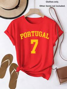 Camiseta de manga corta para mujer con estampado del número 7 de Portugal, nueva colección primavera-verano 2026, top casual versátil con mangas cortas y cuello redondo, - Rojo - Ver 1