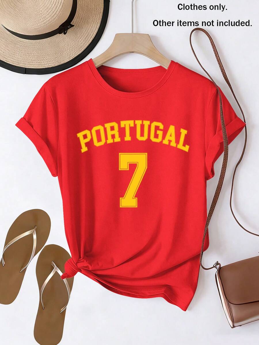 Camiseta de manga corta para mujer con estampado del número 7 de Portugal, nueva colección primavera-verano 2026, top casual versátil con mangas cortas y cuello redondo, - Rojo - Ver 1