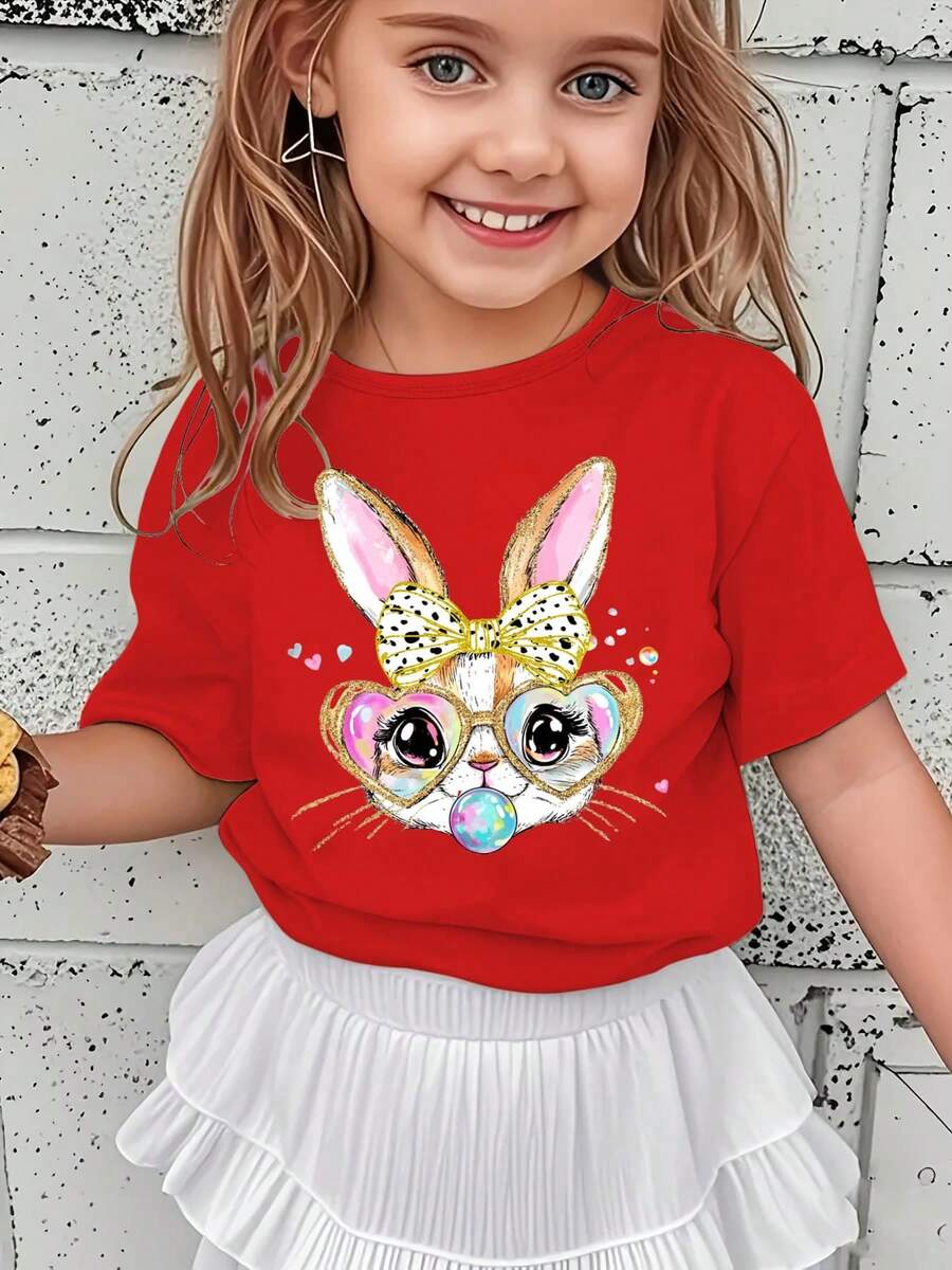 Girls' Short-Sleeved T-Shirt, Spring-Summer Style, With Easter Cartoon Print: Bow, Rabbit, Heart, Colorful Glasses And Bubbles, Versatile Casual Top NY-DX5438 - 紅色 - 查看 1