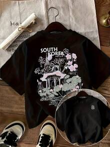 Women's Double-Sided Floral Print Short Sleeve T-Shirt Featuring Seoul, South Korea, Round Neck, Loose Casual Style, Korean Vintage Travel Everyday Wear. - 黑色 - 查看 1