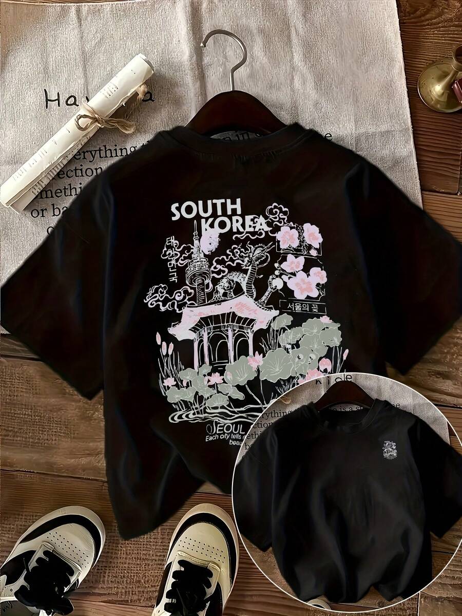 Women's Double-Sided Floral Print Short Sleeve T-Shirt Featuring Seoul, South Korea, Round Neck, Loose Casual Style, Korean Vintage Travel Everyday Wear. - 黑色 - 查看 1