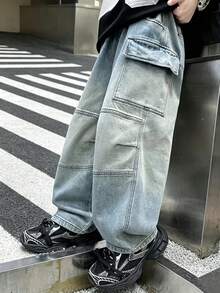 Boys' Spring/Autumn 2026 New Style Straight Leg Cargo Pants, Handsome Long Trousers For Big Kids - Light Wash - View 2
