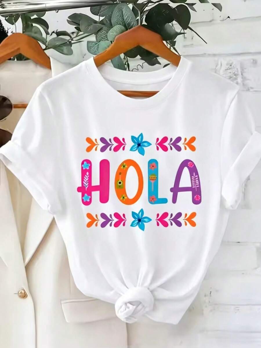 Women's White T-Shirt With "HOLA" Text, Colorful Letters, Flowers, Latin Style, Casual Summer - 白色 - 查看 1