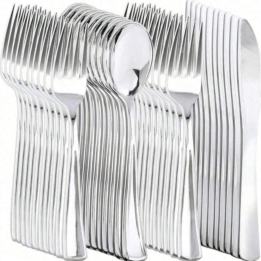 Silver (Reusable) Party Cutlery Set - Includes Fork, Knife, Spoon ...