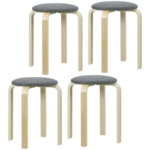 Set Of 4 Dining Stools, Round Stackable Stools, Linen-Look Kitchen Stools, Upholstered Stools For Dining Room, Living Room, Kitchen, Grey - Grey - View 1