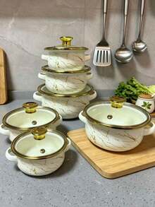 Set 3 Panci Enamel Berwarna-warni dengan Hiasan Emas, Termasuk Panci Susu Kecil, Panci Mie, Panci Sup, Cocok untuk Makanan Anak-anak, Kompor Induksi & Gas, Set Peralatan Masak Enamel Mini Rumah Tangga - set tiga potong - View 1