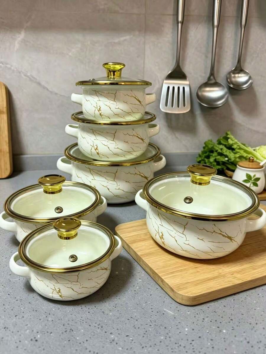 Set 3 Panci Enamel Berwarna-warni dengan Hiasan Emas, Termasuk Panci Susu Kecil, Panci Mie, Panci Sup, Cocok untuk Makanan Anak-anak, Kompor Induksi & Gas, Set Peralatan Masak Enamel Mini Rumah Tangga - set tiga potong - View 1