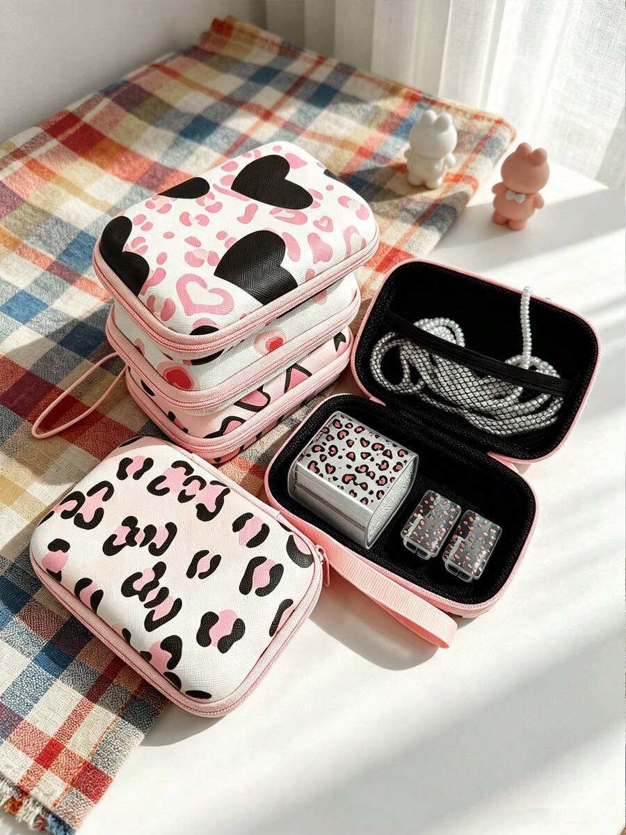 6pcs Leopard Print Heart Pattern Apple Phone Charger Protective Case Data Cable Storage Bag - Multicolor - View 1