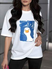 Women's Shirt With A Curious Duck Print On A Watercolor Blue Background, Fun And Casual Fashion, Ideal For An Original And Comfortable Look. Pure Cotton - 白色 - 查看 1