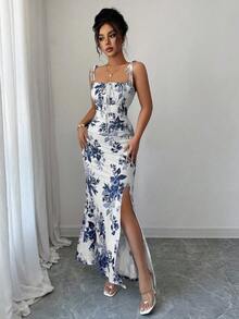 Women's Floral Mermaid Maxi Dress With Thin Straps And Bow, Square Neck, Ruched, Bodycon, For Wedding Guests, Beach Vacations And Date Nights. - 藍色 - 查看 4