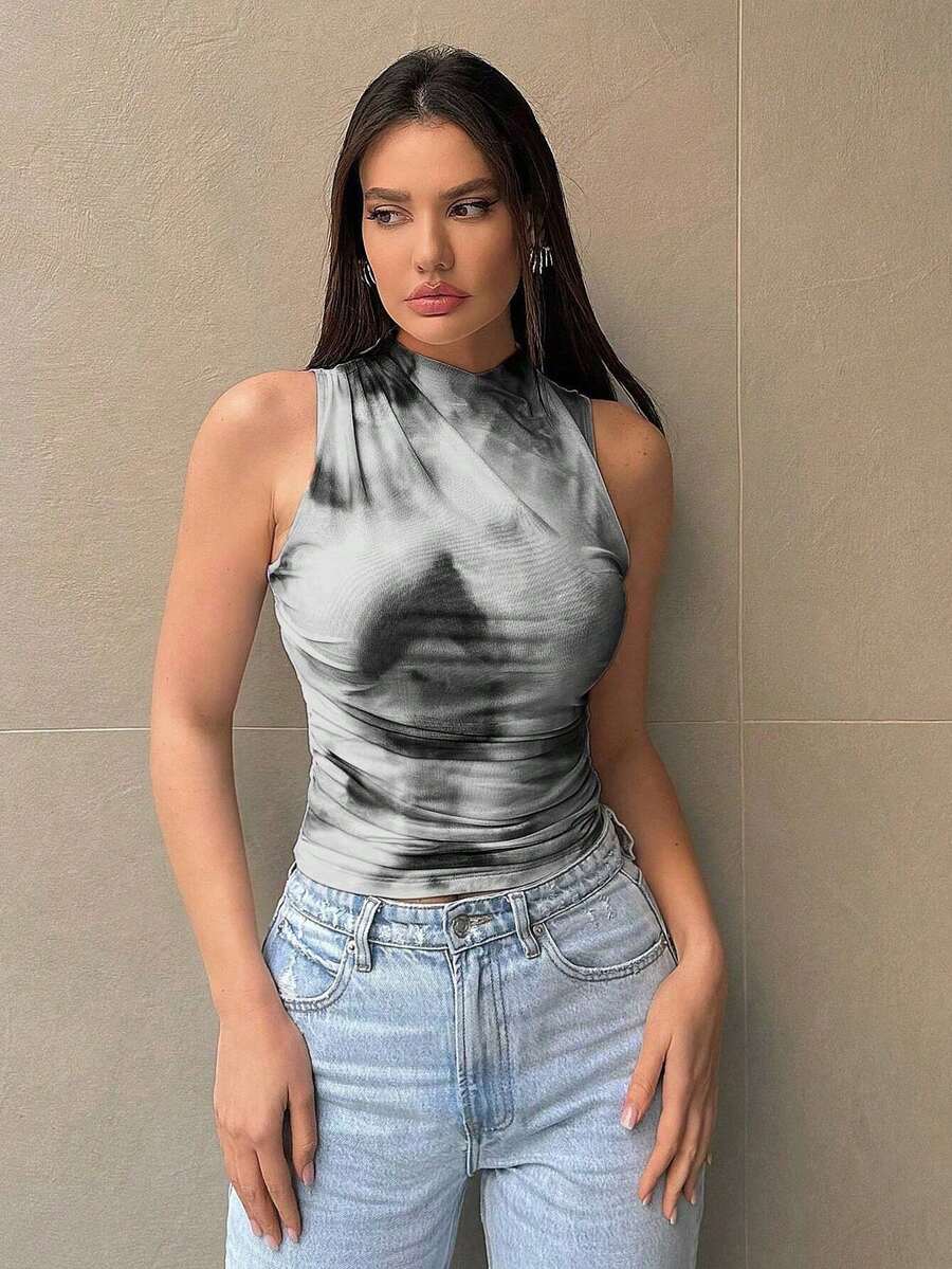 Sleeveless Top With Floral Print And Asymmetrical Neckline, A Casual And Versatile Garment - Gray-black Gradient - View 1