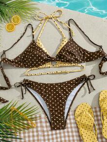 PEPPERMOLLY Ensemble de bikini sexy jaune-brun à pois sans dos pour femmes, maillot de bain trois pièces à la mode, tenue de plage d'été pour les vacances - brun jaunâtre - Voir 4
