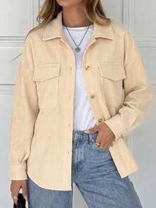 Women's Ribbed Corduroy Shacket With Pockets And Shirt Collar, Long Sleeve Regular Fit Woven Outerwear, Suitable For Autumn/Winter - Apricot - View 3