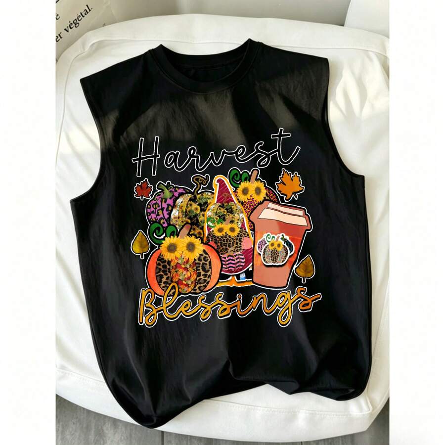 Sin mangas, camiseta sin mangas, mujer, algodón suave, otoño, diseño de calabazas y taza de café con texto Harvest Blessings - Negro - Ver 1