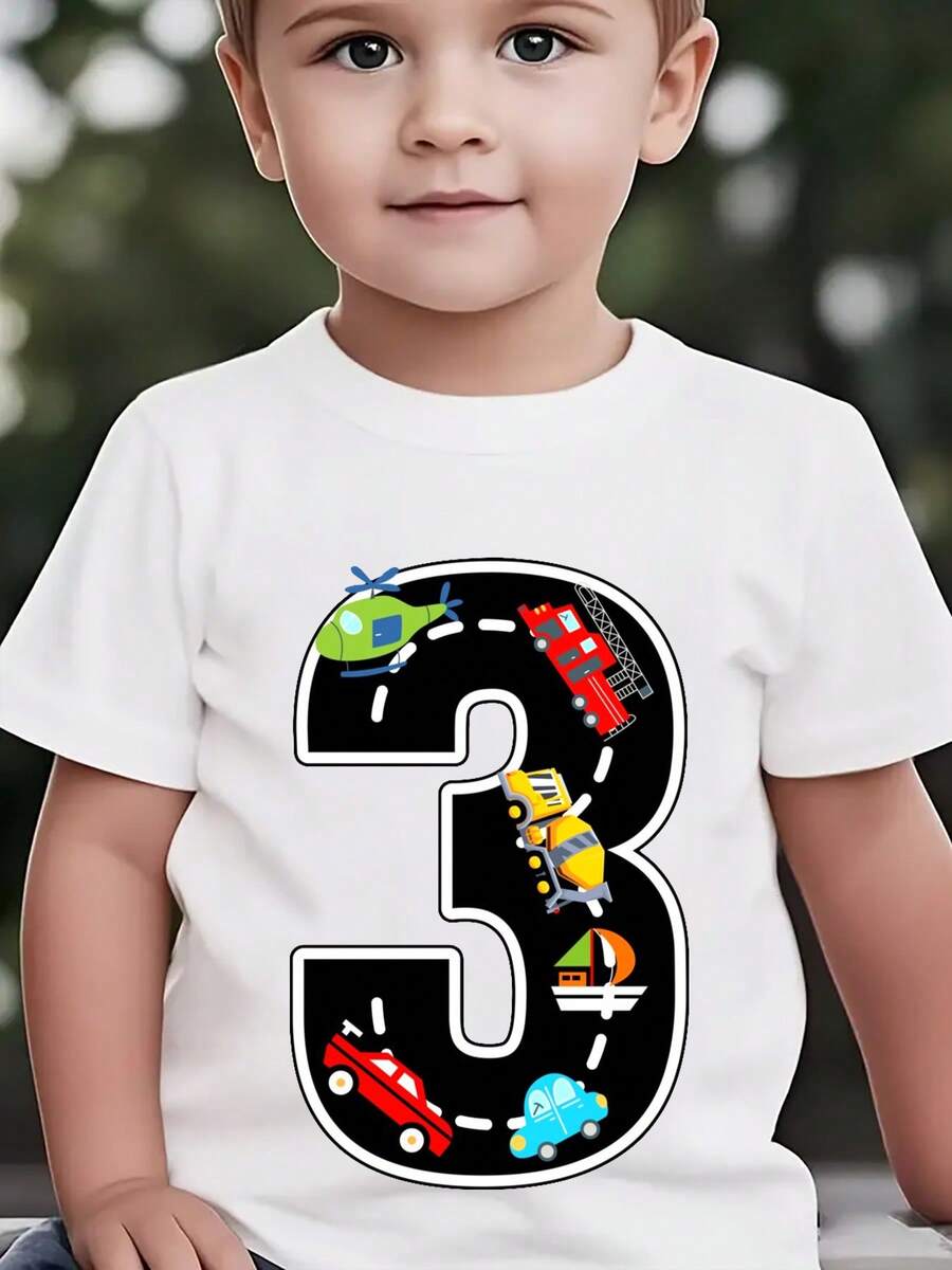 Fashionable Short-Sleeved T-Shirt For Children In Summer With Cartoon Prints Of The Number 3, Cars, Helicopters, Boats, Etc. Casual Outdoor Top NY-DX9726 - 白色 - 查看 1