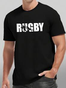 New Men's Pure Cotton Casual Sports T-Shirt With Rugby Print, Round Neck And Short Sleeves, Simple Style. - 白色 - 查看 8