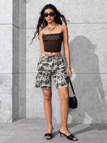PETITE Short bermuda de mezclilla para mujer, de corte holgado y casual, con bolsillos - Verde militar - Ver 9
