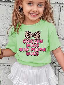 Camiseta de niña con la inscripción "chicken nugs and mama hugs" y lazo con estampado de leopardo, moderna, casual y versátil. - Negro - Ver 6