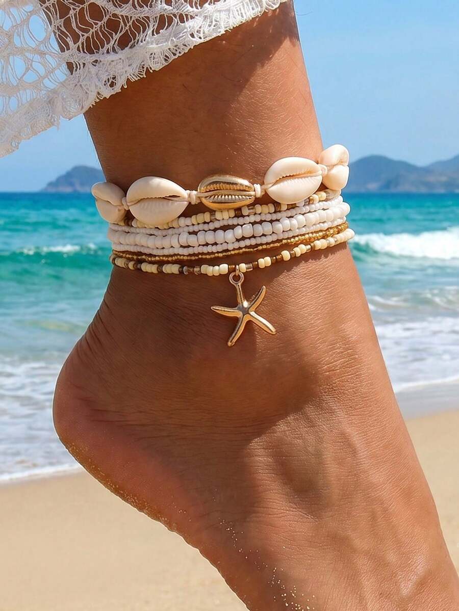 NAIZHU 7pcs Bohemian Ocean Style Starfish Shell Multi-Layer Beaded Anklet Set, Women's Vacation Style, Random Color - Multicolor - View 1