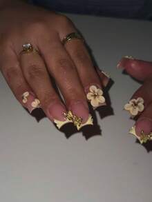 10pcs Short Square Cute Summer Press-On Nails, Nude Pink And Yellow French Manicure, 3D Flower And Butterfly Rhinestone Decor, Handmade Acrylic Fake Nails For Women And Girls Daily, Party, Date Wear And Gift - Yellow - View 1