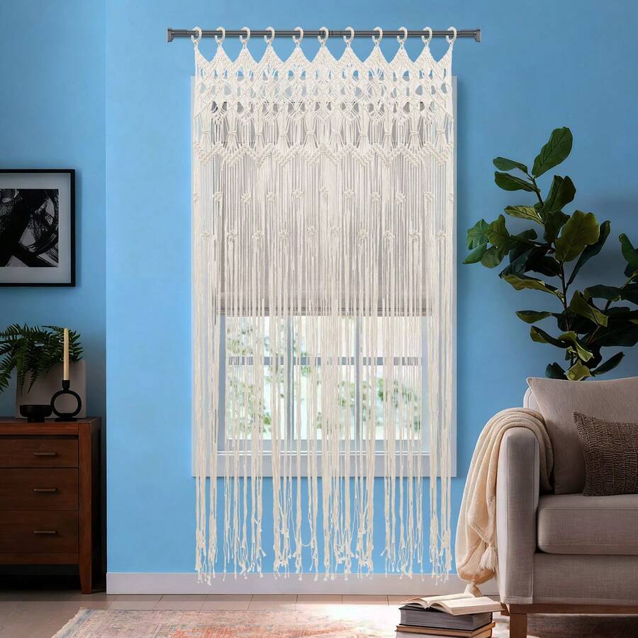 Boho Woven Curtain Window & Closet Doorway Curtain With Wooden Rings – 3.94*6.4ft Long Wedding Backdrop, Bohemian White Yarn Cotton For Bedroom Living Room Aesthetic Decor - Woven - View 1