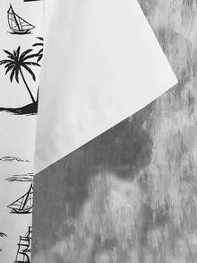 Conjunto de camisa con cuello y estampado de palmeras 3D para hombre, manga corta, pantalones cortos con bolsillo y cordón, suelto y cómodo, ideal para primavera/verano. - Negro - Ver 5