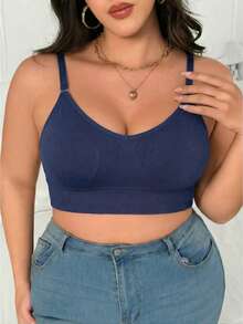 Sujetador deportivo suave sin aros de talla grande, top corto con escote en V, tejido acanalado sin costuras, tirantes finos ajustables y almohadillas extraíbles, para entrenamiento - Azul - Ver 1