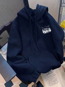 Women's Navy Blue Thermal Lined Hooded Sweatshirt With Forest & Mountain Graphic, Vintage Casual Sweatshirt For Autumn/Winter Fall - Navy Blue - View 3