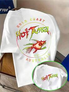 Camiseta de manga corta para hombre, estampado de atún fresco, estilo americano vibrante, ilustración de pez lobo, elementos de graffiti vibrantes, estilo graffiti, marca de  urbana - Multicolor - Ver 1