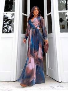 Women's Long Sleeve Jumpsuit, Semi-Transparent, Lined, Lightweight, V-Neck, Comfortable, Fresh, Casual, Elegant, Sizes M And L, Printed And Solid - 霧霾藍 - 查看 2