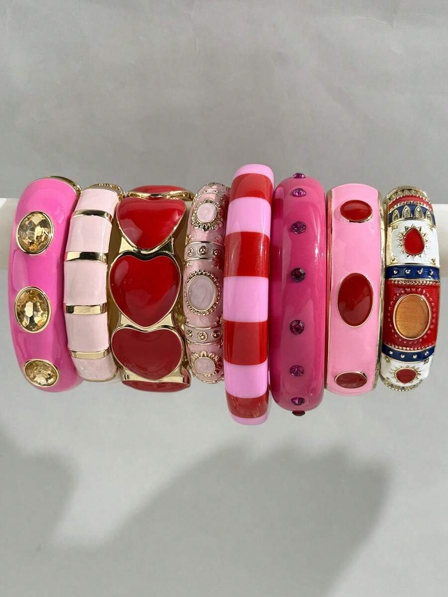 Sweet Pink Colorblock Geometric Asymmetrical Metal Bracelet Striped Resin Bracelet Y2K Girl Personalized Jewelry Suitable For Daily Wear And Party Matching - Multicolor - View 1