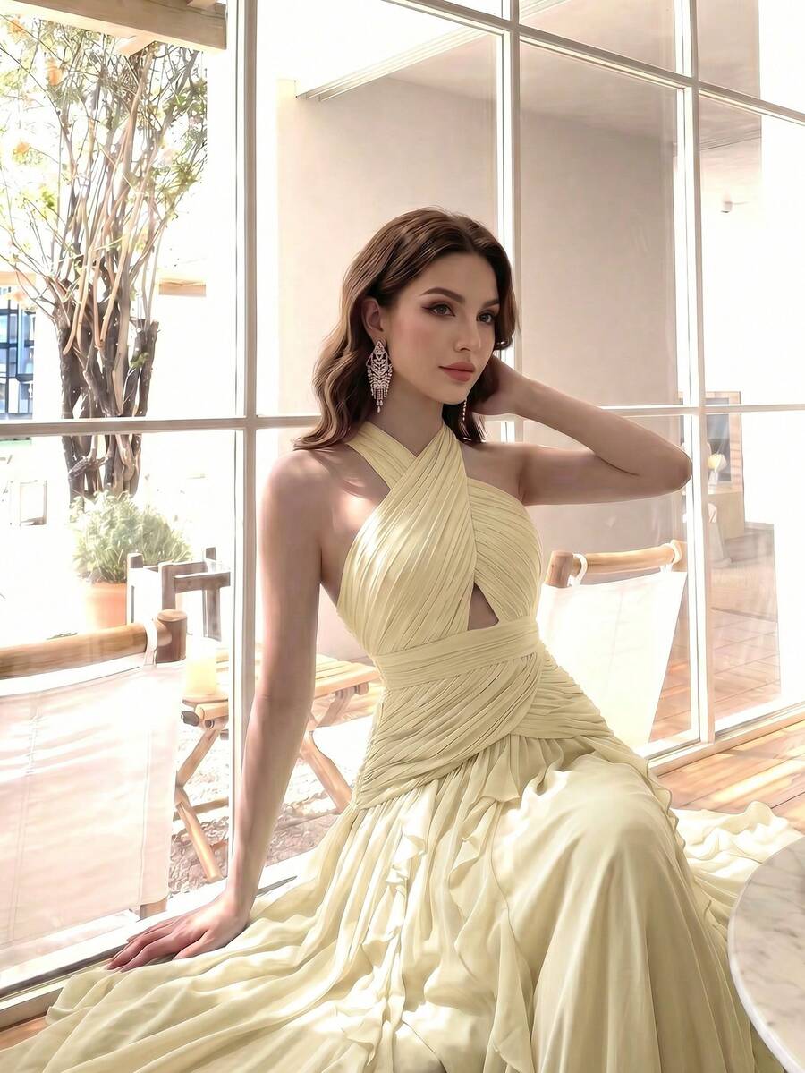 女款優雅性感多層荷葉邊拼接設計時尚顯瘦奢華純色性感派對拼接婚禮禮服 - 淡黃色 - 查看 1