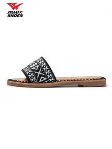 JOMIX Women's Flat Sandals With Woven Pattern, Boho Casual Slippers With Embroidered Trim - Black - View 3