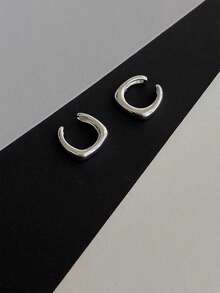 2 piezas de aros de oreja minimalistas en forma de U, lisos y básicos, para mujeres sin orejas perforadas - Plateado - Ver 4