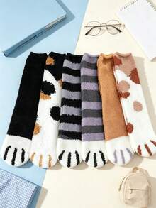 6 Pairs Mixed Color Fluffy Mid-Calf Socks For Women, Suitable For Daily Home/Office Tiger Paw Non-Slip Floor Socks, Cozy Socks - Multicolor - View 10