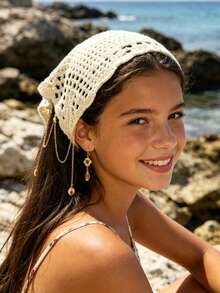1pc French Minimalist Triangle Headscarf Hair Accessory For Beach Photography, Sweet And Cute Girl Hairband With Ocean Shell And Faux Pearl Cute Pattern Pendant Decoration, Suitable For Summer Beach Travel Vacation Hair Styling Versatile Accessory - Multicolor - View 8