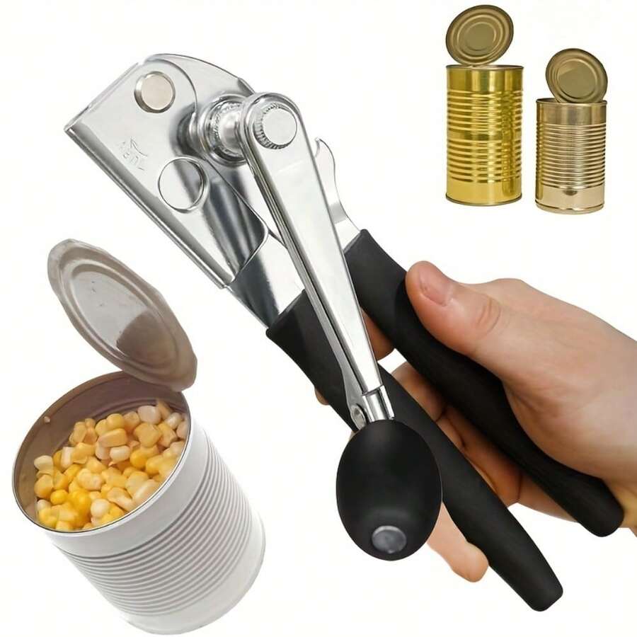 One Stainless Steel Manual Can Opener With Heavy-Duty Commercial Lever And Rubber-Coated Handle; A Durable Kitchen Tool For Easy Can Opening. - Black - View 1