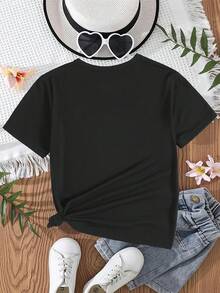 Camiseta de niña con la inscripción "chicken nugs and mama hugs" y lazo con estampado de leopardo, moderna, casual y versátil. - Negro - Ver 3