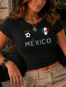 Women's Mexico Short Sleeve T-Shirt, Short Sleeve Printed Soccer Ball Stars Glory Casual Sporty Style Slim Fit Fan Clothing - 黑色 - 查看 1