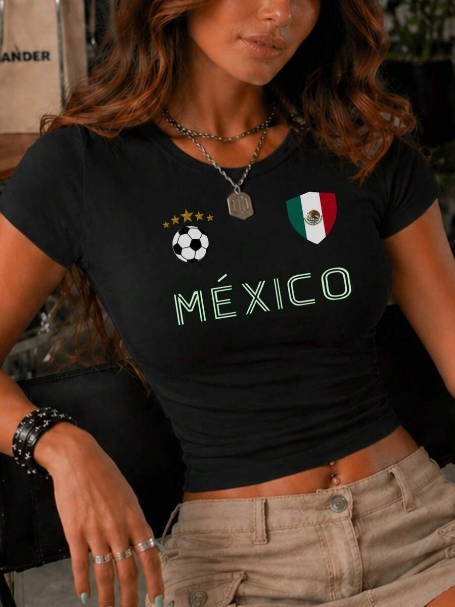 Women's Mexico Short Sleeve T-Shirt, Short Sleeve Printed Soccer Ball Stars Glory Casual Sporty Style Slim Fit Fan Clothing - 黑色 - 查看 1