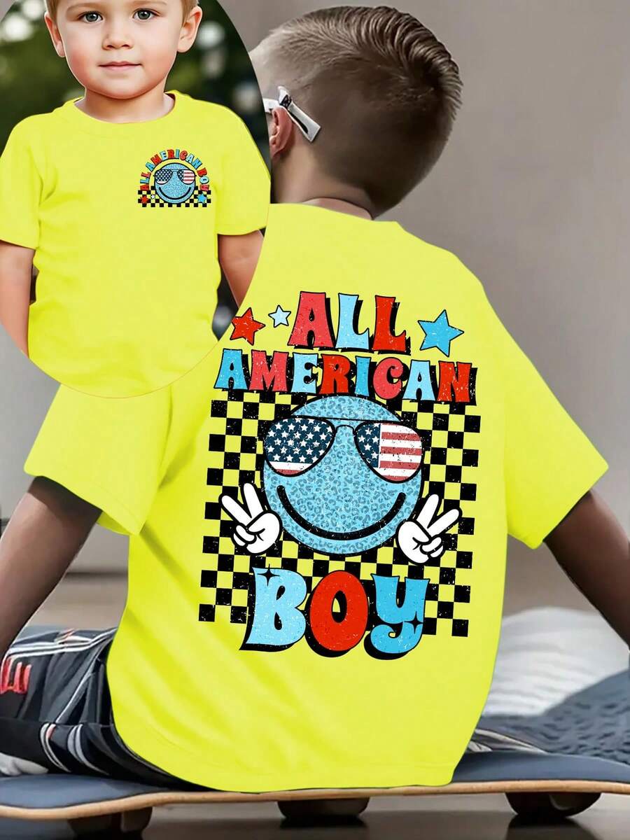 Fashionable Short-Sleeved T-Shirt For Boys 'American Independence Day' 'ALL AMERICA BOY' With Plaid Elements And Double-Sided Cartoon Print, Casual Outdoor Top - 酒紅色 - 查看 1