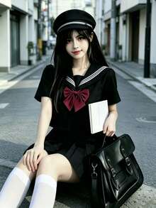 日系可愛校園風水手領 Cosplay 制服，純黑色附領結與百褶裙，3 件組 JK 水手服秋季款 - 黑色 - 查看 6