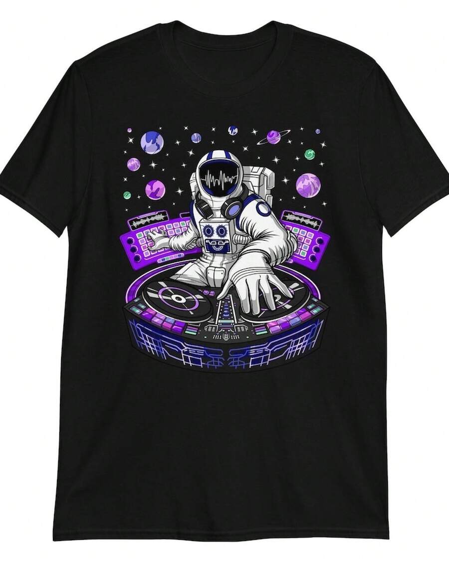 Short-Sleeved T-Shirt With Astronaut DJ And Electronic Music Print, Unisex Casual Top For Music Festivals. Women's Casual Blouse - 黑色 - 查看 1
