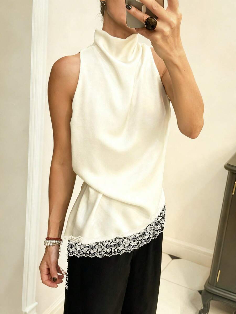 Women's Sleeveless Blouse With Wrap Neck, Black Satin With Asymmetrical Lace Edge Detail, Elegant Top For Office And Formal Outings - 白色 - 查看 1